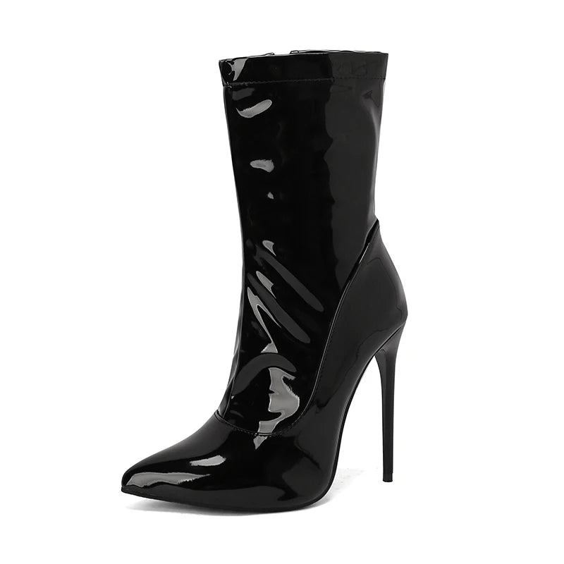 Sexy Soft Patent Leather Boots Women's Ankle Boots Stiletto 2026 Autumn Winter Pointed Toe Party Shoes