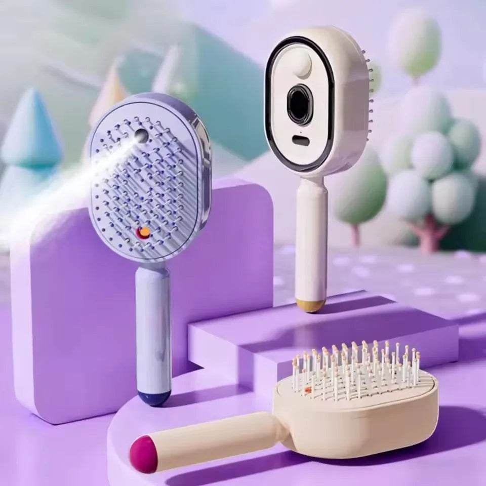 Electric Spray Hair Brush 2-In-1 Misting Hair Brush With Water Spray Reduce Frizz Anti-Static Retractable Steam Massage Comb